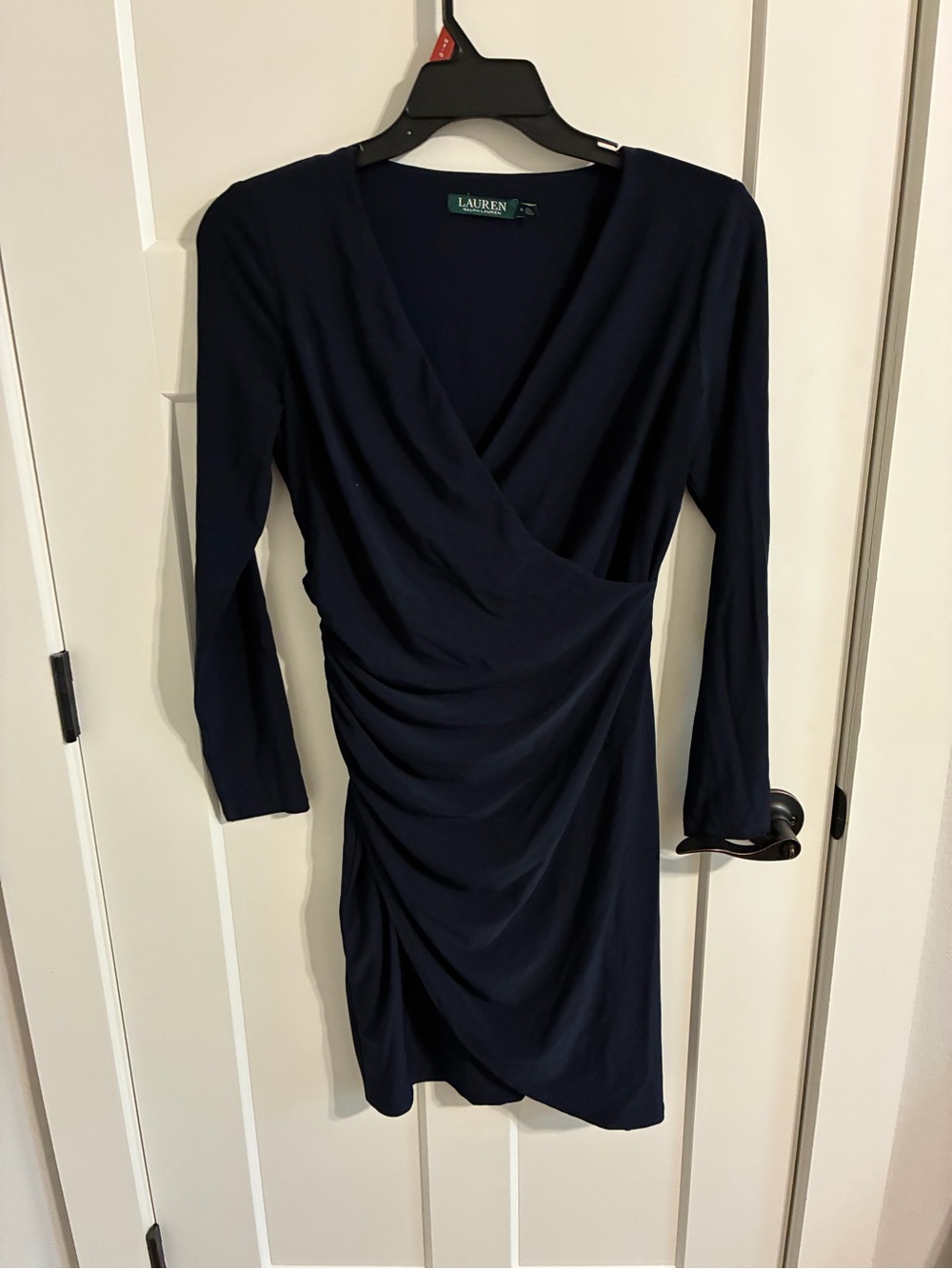 Ralph Lauren Navy Surplice Ruched Midi Dress
